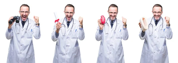 Collage Handsome Senior Hoary Doctor Man Isolated Background Screaming Proud — Stock Photo, Image