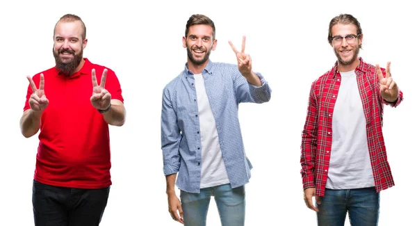 Collage Van Groep Jonge Mannen Geïsoleerde Achtergrond Glimlachend Zoek Naar — Stockfoto