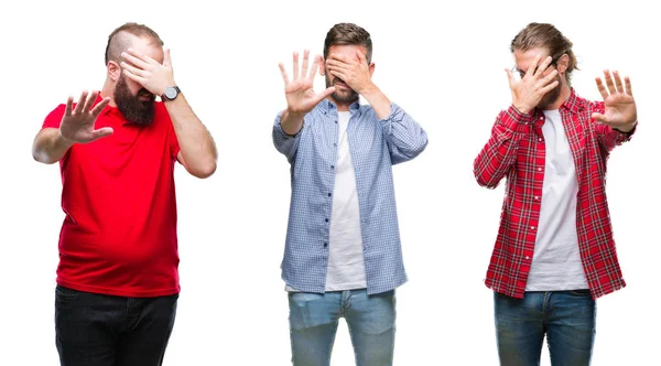 Collage Einer Gruppe Junger Männer Vor Isoliertem Hintergrund Die Die — Stockfoto