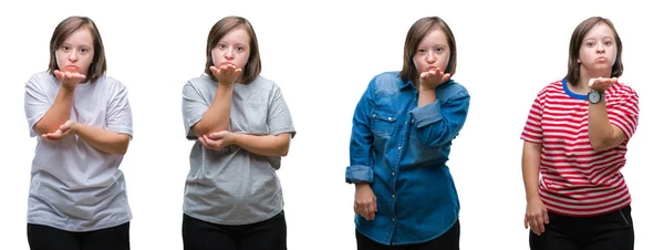 Collage Abajo Mujer Síndrome Sobre Fondo Aislado Mirando Cámara Soplando — Foto de Stock