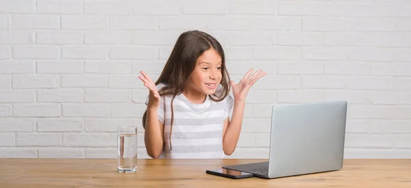 Young Hispanic Kid Sitting Table Using Computer Laptop Very Happy — Stock Photo, Image