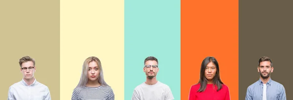 Colagem Grupo Jovens Sobre Fundo Isolado Colorido Com Expressão Séria — Fotografia de Stock