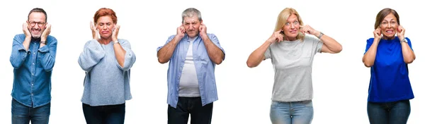 中年和老年人在孤立的背景上拼贴用手指覆盖耳朵的大声音乐的噪音 聋哑人的概念 — 图库照片