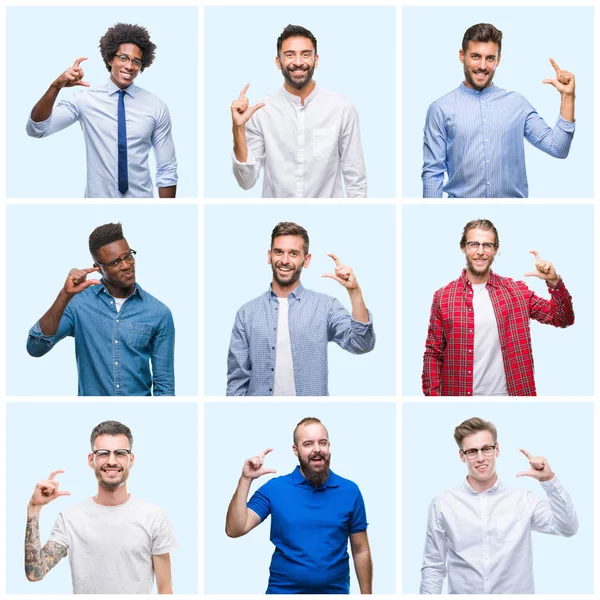 ビジネスと分離背景笑顔と自信を持ってサイズ記号を見ながら指とカメラをやって手でジェスチャーをカジュアルな男性のグループのコラージュ 測定概念 — ストック写真