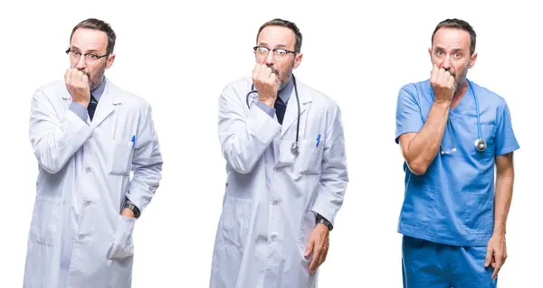 Collage Hombre Guapo Médico Alzado Senior Con Uniforme Cirujano Sobre — Foto de Stock