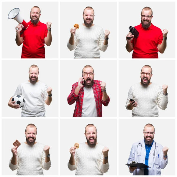 Collage Joven Comiendo Doctor Usando Smartphone Sobre Fondo Aislado Gritando —  Fotos de Stock