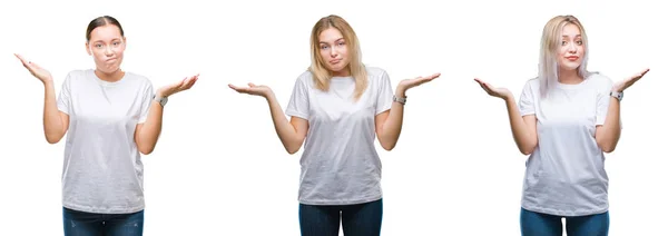 Collage Group Young Women Wearing White Shirt Isolated Background Clueless — Stock Photo, Image