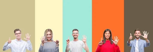 Collage Van Groep Jongeren Kleurrijke Geïsoleerde Achtergrond Weergeven Met Vingers — Stockfoto