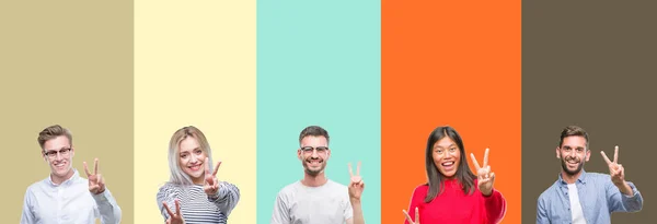 Colagem Grupo Jovens Sobre Fundo Isolado Colorido Sorrindo Olhando Para — Fotografia de Stock