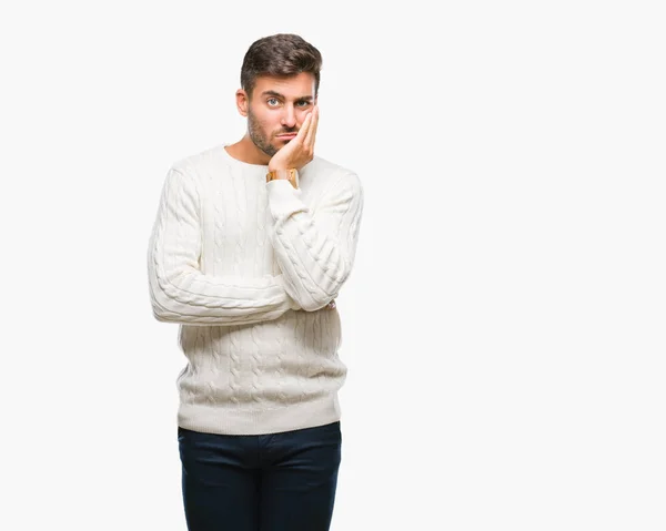 Giovane Bell Uomo Che Indossa Maglione Invernale Sfondo Isolato Pensando — Foto Stock