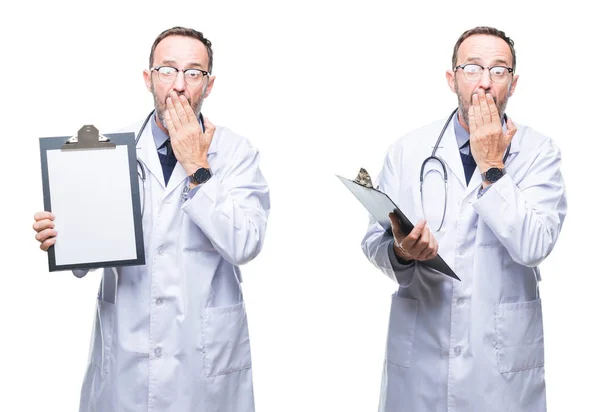 Collage Handsome Senior Hoary Doctor Man Holding Clipboard Isolated Background — Foto Stock