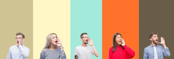 Collage Grupp Ungdomar Över Färgglada Isolerade Bakgrunden Ropade Och Skrek — Stockfoto