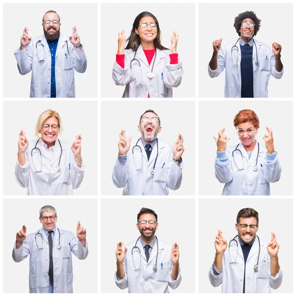 Colagem Grupo Médicos Usando Estetoscópio Sobre Fundo Isolado Sorrindo Cruzando — Fotografia de Stock