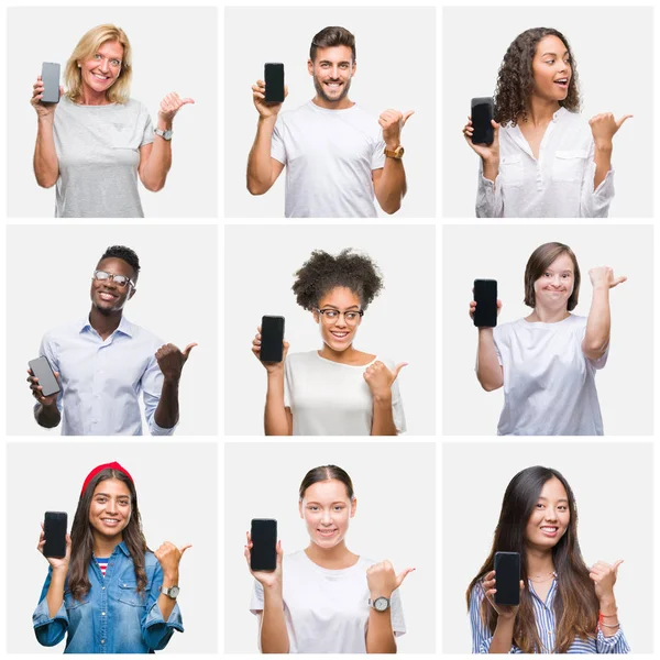 Collage of group of young people showing screen of smartphone over isolated background pointing and showing with thumb up to the side with happy face smiling