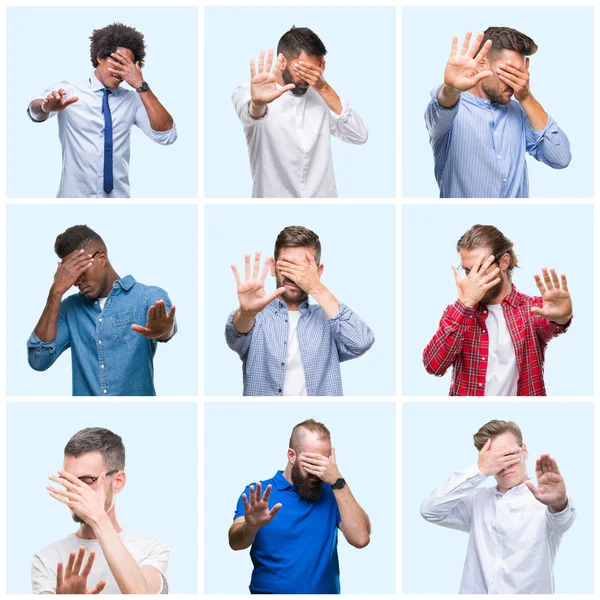 Collage Van Groep Business Casual Mannen Geïsoleerd Achtergrond Bedekking Ogen — Stockfoto