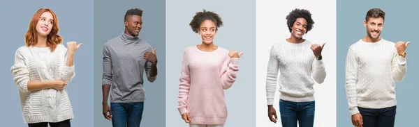 Collage Grupo Personas Afroamericanas Hispanas Vistiendo Suéter Invierno Sobre Fondo —  Fotos de Stock