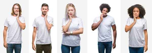 Collage Gruppo Giovani Che Indossano Maglietta Bianca Sfondo Isolato Toccando — Foto Stock