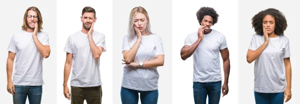 Collage Group Young People Wearing White Shirt Isolated Background Touching — Stock Photo, Image