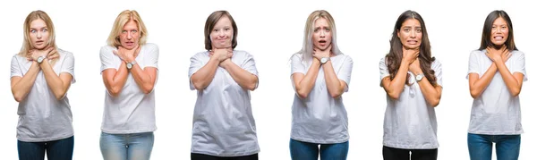 Collage Grupo Mujeres Que Usan Una Camiseta Blanca Sobre Fondo —  Fotos de Stock