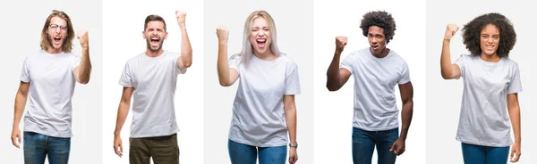 Collage Grupo Jóvenes Con Camiseta Blanca Sobre Fondo Aislado Enojado —  Fotos de Stock