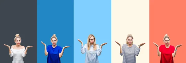 Collage Van Jonge Mooie Blonde Vrouw Clueless Verward Expressie Van — Stockfoto