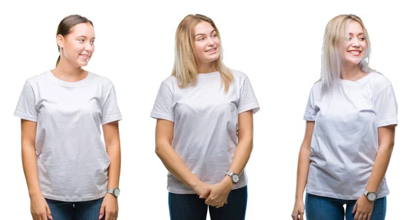 自然な表現の顔に笑みを浮かべて側に離れて見て孤立の背景に白い シャツを着た若い女性のグループのコラージュ 自信を持って笑ってください — ストック写真