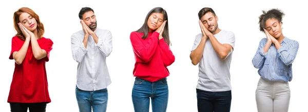 Collage Chinos Grupo Indios Hispanos Sobre Fondo Aislado Durmiendo Cansados — Foto de Stock