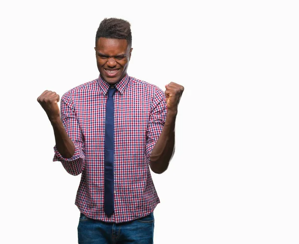 Νεαρός Αφρικανική Αμερικανική Επιχείρηση Άνδρα Πάνω Μια Απομονωμένη Φόντο Γιορτάζει — Φωτογραφία Αρχείου