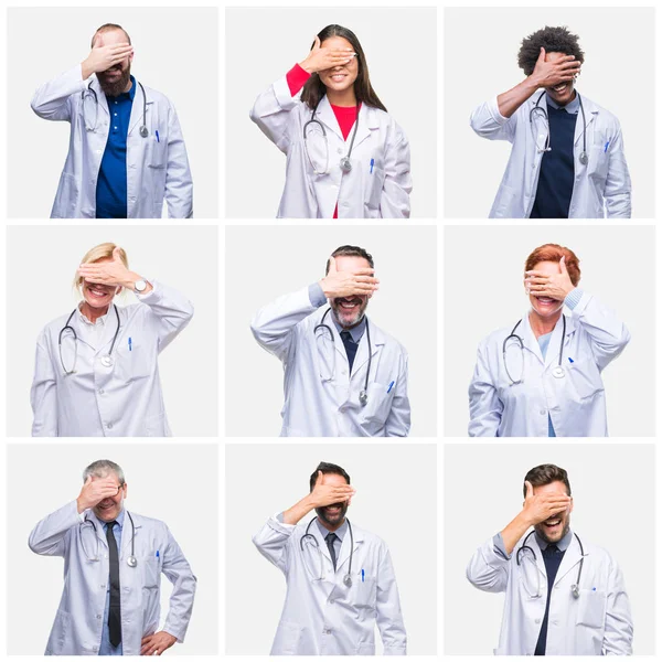 Colagem Grupo Médicos Usando Estetoscópio Sobre Fundo Isolado Sorrindo Rindo — Fotografia de Stock