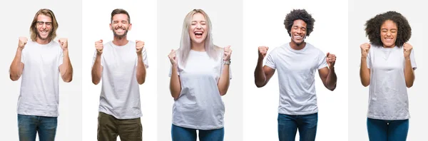 Collage Group Young People Wearing White Shirt Isolated Background Excited — Stock Photo, Image