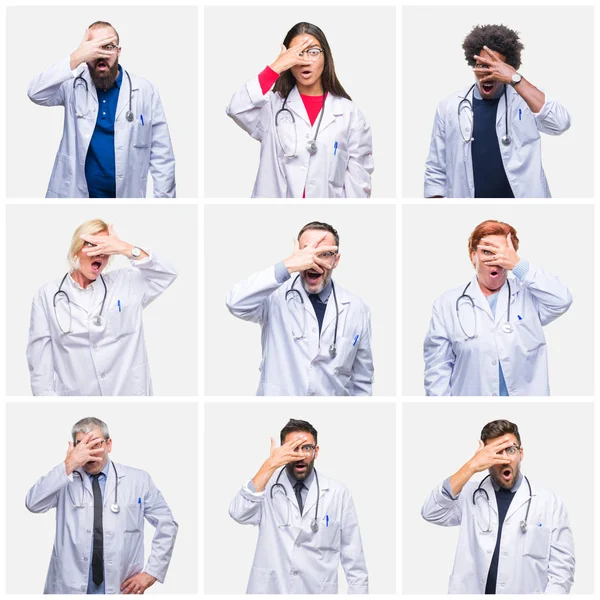 Collage Group Doctor People Wearing Stethoscope Isolated Background Peeking Shock — Stock Photo, Image