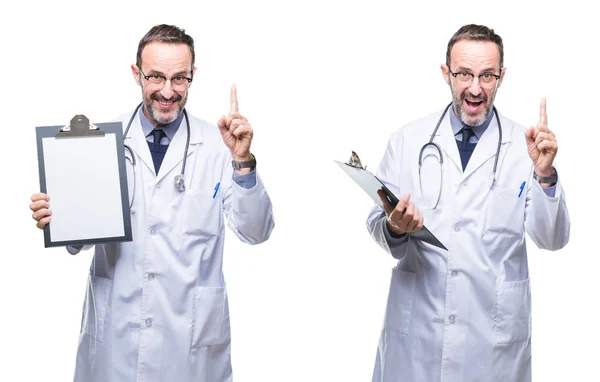 Collage Handsome Senior Hoary Doctor Man Holding Clipboard Isolated Background — Stock Photo, Image