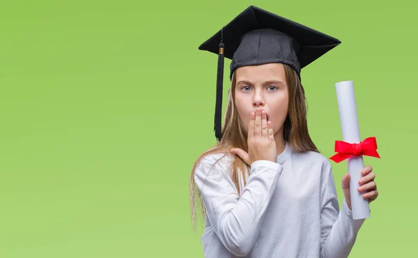 Giovane Bella Ragazza Con Cappello Laureato Possesso Laurea Fondo Isolato — Foto Stock