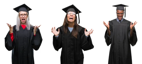 Collage Groupe Jeunes Étudiants Portant Uniforme Universitaire Diplômé Sur Fond — Photo