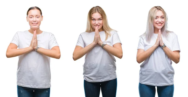 両手一緒に自信を持って笑って許しを求めて祈って分離の背景に白い シャツを着た若い女性のグループのコラージュ — ストック写真