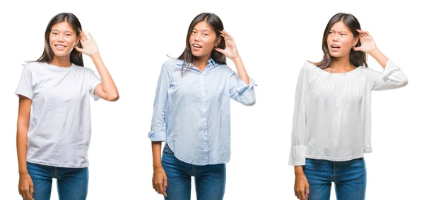 Colagem Asiático Jovem Mulher Sobre Branco Isolado Fundo Sorrindo Com — Fotografia de Stock