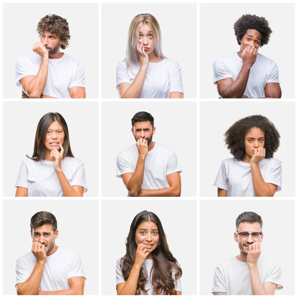 Collage Van Groep Mensen Dragen Casual Wit Shirt Geïsoleerde Achtergrond — Stockfoto