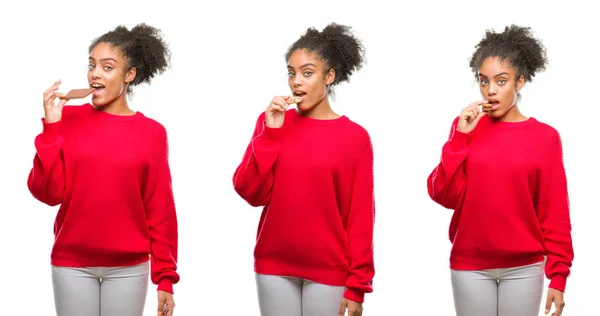 Collage Van Afrikaanse Amerikaanse Vrouw Eten Chocolade Chip Cookie Geïsoleerde — Stockfoto