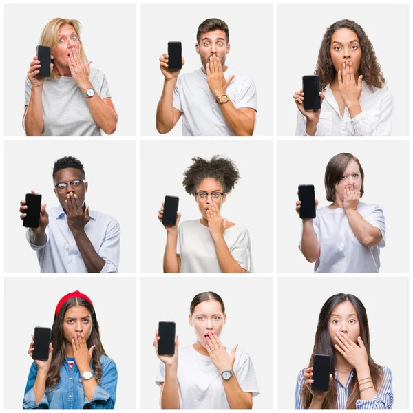 Collage of group of young people showing screen of smartphone over isolated background cover mouth with hand shocked with shame for mistake, expression of fear, scared in silence, secret concept