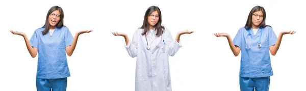 亚洲年轻外科医生或护士妇女站在白色孤立的背景不清楚和混淆表达与胳膊和手提出的拼贴画 怀疑概念 — 图库照片