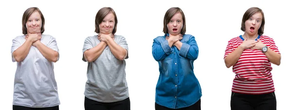 Collage Mujer Síndrome Sobre Fondo Aislado Gritando Sofocar Porque Estrangulamiento —  Fotos de Stock