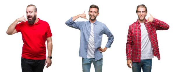 Collage Van Groep Jonge Mannen Geïsoleerde Achtergrond Doen Glimlachen Telefoon — Stockfoto