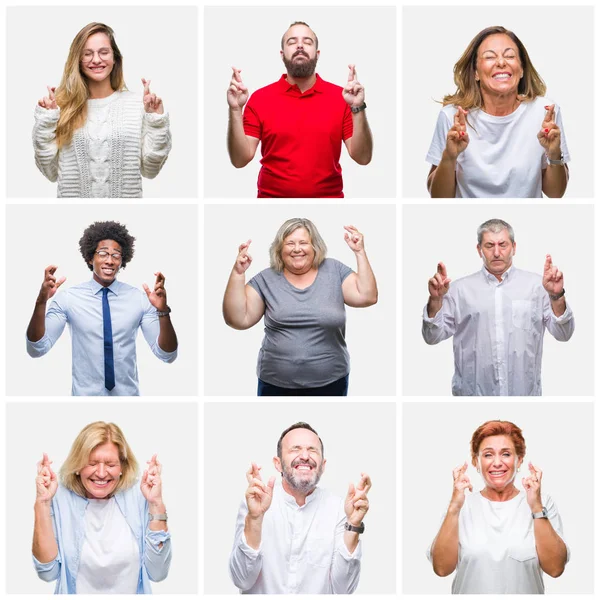 Collage Gruppo Giovani Mezza Età Anziani Sfondo Isolato Sorridendo Incrociando — Foto Stock