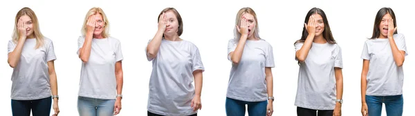 Collage Grupo Mujeres Con Camiseta Blanca Sobre Fondo Aislado Cubriendo —  Fotos de Stock