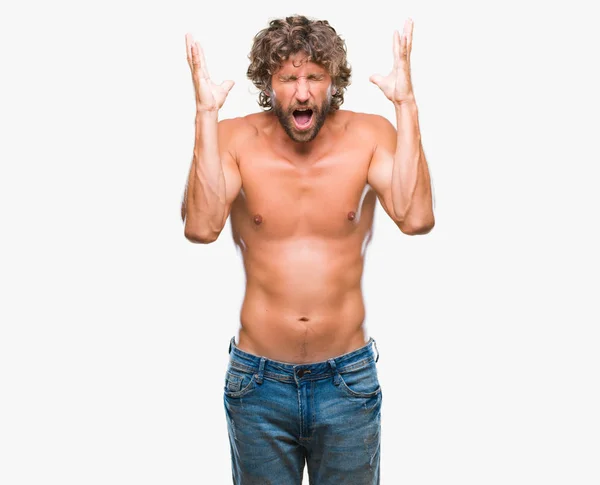 Handsome Hispanic Model Man Sexy Shirtless Isolated Background Celebrating Mad — Stock Photo, Image