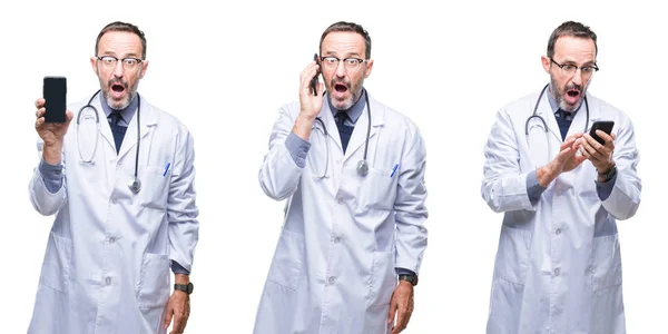 Collage Hombre Guapo Médico Alzado Senior Usando Teléfono Inteligente Sobre — Foto de Stock