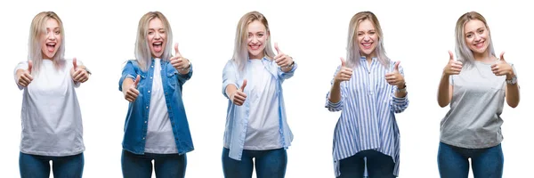 Collage Vacker Blond Ung Kvinna Över Isolerade Bakgrunden Godkänner Tummen — Stockfoto