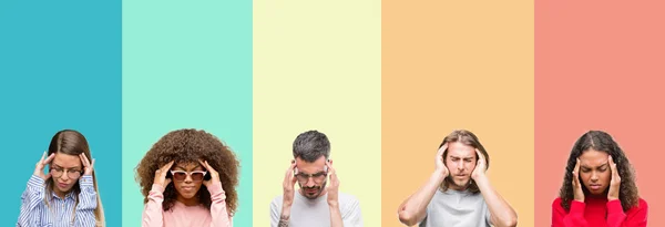 Collage Grupo Jóvenes Sobre Fondo Colorido Vintage Aislado Con Mano — Foto de Stock