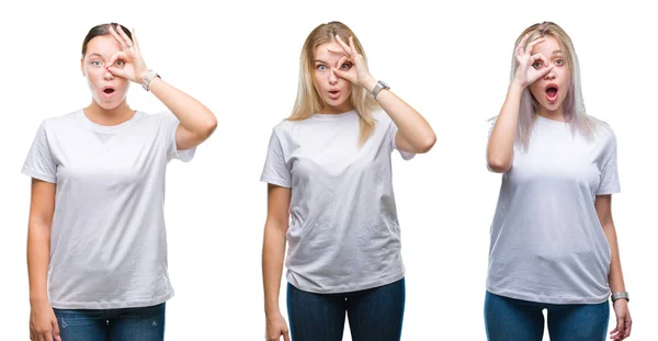 一群年轻女性在孤立的背景下穿着白色 T恤做了确定的手势 惊讶的脸震惊 眼睛透过手指看 不相信的表达 — 图库照片