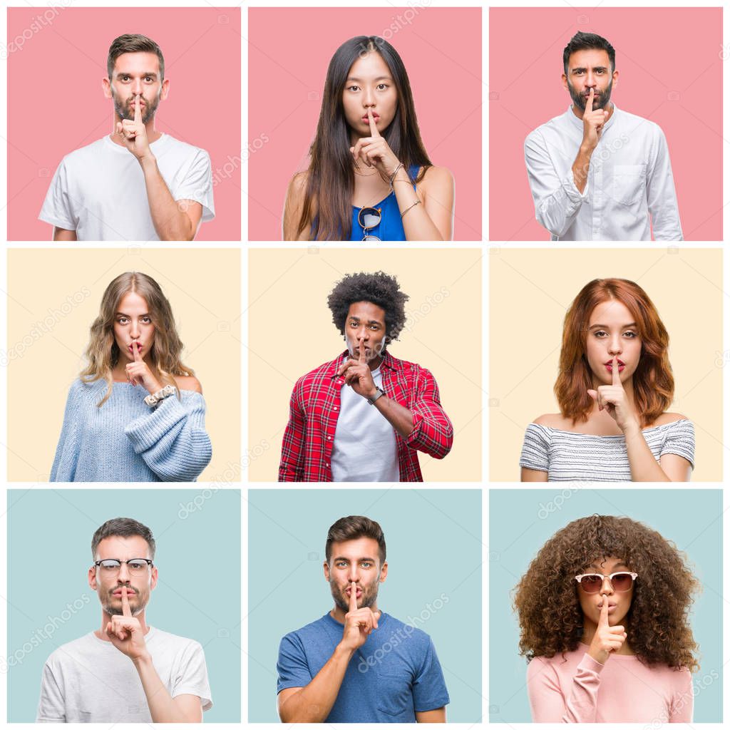 Collage of group of young people woman and men over colorful isolated background asking to be quiet with finger on lips. Silence and secret concept.